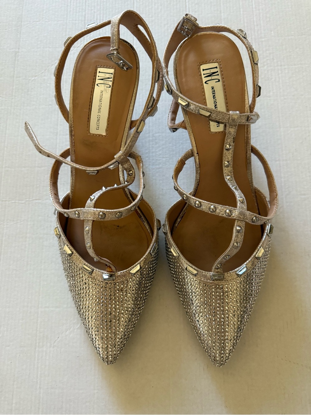 INC International Concepts Metallic Gold Pointed Toe Rhinestone Strappy Heels